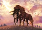 ambiguous_gender black_mane blue_eyes brown_body cloud day duo eyes_closed feral grass mane mouth_closed orange_mane orange_tail outside plant sky tail tree white_body white_tail rufciu equid equine horse mammal 2021 dated signature