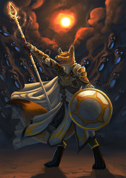 4_toes 5_fingers anthro armor barefoot biped black_nose brown_body brown_fur clothed clothing digitigrade dipstick_tail feet fingers fully_clothed fur greaves holding_object holding_weapon male markings multicolored_tail open_mouth orange_body orange_fur shield smile solo spaulder staff standing sun tail tail_markings teeth toes tongue vambrace weapon whiskers azsola canid canine fox mammal 2016 hi_res