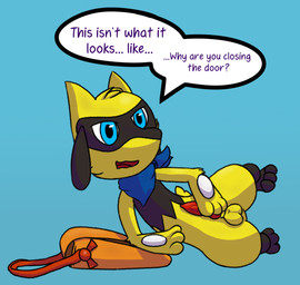 anthro bag balls blue_eyes caught_in_the_act erection genitals male masturbation penile penile_masturbation penis satchel scarf semi-anthro simple_background solo text unsigned coffeefly nintendo pokemon canid canine generation_4_pokemon mammal pokemon_(species) riolu shiny_pokemon english_text hi_res