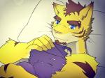 anthro bed biped cuddling duo eyebrows fur furniture hand_on_head hug male male/male nude petting pillow purple_body purple_fur romantic romantic_couple sleeping smile thick_eyebrows yellow_body yellow_fur paomer morenatsu shin_(morenatsu) torahiko_(morenatsu) domestic_cat felid feline felis mammal pantherine tiger 4:3 digital_media_(artwork) hi_res