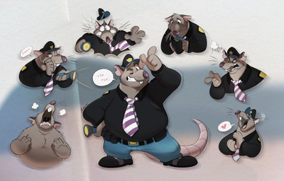 4_fingers accessory angry anthro belly big_belly biped bottomwear clothing fingers flashlight fur grey_body grey_fur hat headgear headwear heart_symbol humanoid_hands male necktie one_eye_closed open_mouth overweight overweight_male pants sad shirt solo surprised text topwear wink piti_yindee brok_the_investigator cowcat_games guard_(brok_the_investigator) mammal murid murine rat rodent 2023