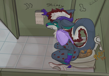 2_horns 4_fingers anthro bathroom clenched_teeth clothing ears_back fart fingers fur graffiti grey_body grey_fur hair high-angle_view horn inner_ear_fluff inside leaning leaning_forward looking_back male multicolored_body multicolored_fur pivoted_ears public_restroom purple_clothing purple_hands purple_horn purple_sweater purple_topwear red_body red_fur restroom_stall side_view sitting sitting_on_toilet solo sound_effects sweater teeth text toilet toilet_paper topwear tuft two_tone_body underwear white_body white_fur wooweeree lyonel_(lyonelhy) canid canine canis mammal wolf 2026 english_text hi_res