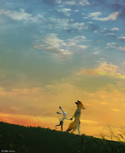 anthro barefoot bottomwear clothed clothing cloud detailed_background duo feet female field fully_clothed grass hand_holding hand_in_pocket light male outside pants plant pockets shirt sky sunlight sunset topwear walking noko_ume disney zootopia judy_hopps nick_wilde canid canine fox lagomorph leporid mammal rabbit red_fox true_fox 2016 lighting