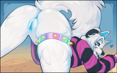 all_fours anthro ass_up biped black_border border bottomless bottomless_anthro bottomless_female butt clothed clothed_anthro clothed_female clothing ear_piercing female fur genitals hair horn looking_at_viewer looking_back looking_back_at_viewer partially_clothed partially_clothed_anthro partially_clothed_female piercing rear_view smile solo tail teeth vulva white_body white_fur white_hair white_tail nitani nezerith_(character) canid canine mammal 2026 digital_drawing_(artwork) digital_media_(artwork) hi_res