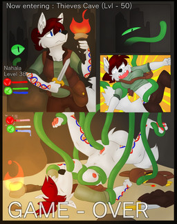 anal anal_penetration anthro anthro_penetrated breasts duo female forced game_over gameplay_mechanics genitals gui health_bar male male/female nipples oral oral_penetration penetration rape restrained sex solo_focus spread_legs spreading tentacles text vaginal vaginal_penetration vulva captaincronus nahala arctic_fox canid canine fox mammal tentacle_creature true_fox comic digital_media_(artwork) english_text hi_res