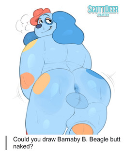anthro anus balls blue_anus blue_body bodily_fluids butt clothing floppy_ears genitals hat headgear headwear looking_back male markings nude nude_male presenting presenting_anus presenting_hindquarters rear_view smile smirk solo spots spotted_body sweat sweaty_butt text scottdeer welcome_home barnaby_beagle beagle canid canine canis domestic_dog hunting_dog mammal scent_hound digital_media_(artwork) english_text hi_res portrait three-quarter_portrait watermark
