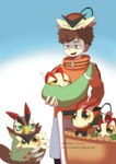 anthro baby beak brown_body brown_feathers brown_hair exhausted feathers feral group hair male size_difference sweatdrop_(iconography) wings young mofumi_corvus bandai_namco digimon digimon_survive falcomon_(survive) minoru_hyuga digimon_(species) falcomon human mammal waddling_head hi_res