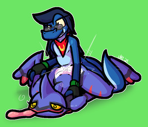 2_toes anthro anthro_on_anthro anthro_penetrated anthro_penetrating anthro_penetrating_anthro blue_body blue_hair blue_scales bodily_fluids butt clothing cum cum_inside cum_on_butt cum_splatter doggystyle dominant dominant_anthro dominant_male eyebrows eyewear feet female female_penetrated fingerless_gloves from_behind_position fucked_silly genital_fluids glasses gloves green_clothing green_gloves green_handwear grey_eyewear grey_glasses hair handwear kerchief leg_grab male male/female male_penetrating male_penetrating_female motion_lines penetration purple_eyes raised_eyebrow red_body red_kerchief red_scales scales sex smile smirk spiral spiral_eyes submissive submissive_anthro submissive_female tail tail_around_leg toes tongue tongue_out yellow_kerchief yellow_sclera ultilix nintendo pokemon ulti_(ultilix) generation_4_pokemon lizard pokemon_(species) reptile scalie toxicroak 2025