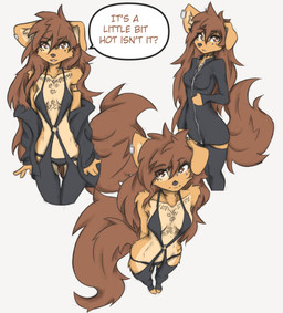 anthro arm_markings arm_tattoo arm_tuft black_nose breasts brown_body brown_eyes brown_fur brown_hair cheek_tuft chest_markings chest_tattoo cleavage clothed clothing countershading cowlick dialogue ear_piercing eyebrow_through_hair eyebrows eyelashes facial_markings facial_piercing facial_tattoo facial_tuft female female_anthro floppy_ears fur furgonomic_piercing furgonomics gauged_ear grey_background hair hair_over_eye hands_behind_back head_markings high-angle_view hip_markings hip_tattoo inner_ear_fluff jacket leg_markings legwear long_hair looking_at_viewer markings messy_hair mottled mottled_nose multiple_poses muzzle_piercing neck_markings neck_tattoo nose_piercing one_eye_obstructed open_mouth panties piercing pink_nose pose raised_arm simple_background slim smile solo speech_bubble standing tattoo teeth text thigh_gap thigh_highs topwear translucent translucent_hair tuft underwear tinygaypirate apogee_(tinygaypirate) canid canine canis domestic_dog mammal spitz absurd_res english_text full-length_portrait hi_res multiple_images portrait three-quarter_portrait