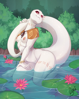 anthro breasts female flower forest hand_on_leg hand_on_thigh holding_tail lily_pad looking_at_viewer lotus_(flower) mostly_nude nipples non-mammal_breasts non-mammal_nipples nude partially_submerged plant pond small_breasts smile solo tail thick_tail tree buxbi overlord_(series) crusch_lulu lizard lizardman lizardman_(overlord) reptile scalie hi_res