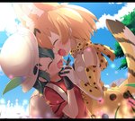 adolescent backpack black_bars blush bottomwear bow_tie clothed clothing duo feathers female female/female gloves handwear hat headgear headwear hug skirt sparkles tail tail_under_skirt young makuran kemono_friends kaban-chan serval-chan felid feline human mammal serval hi_res letterbox