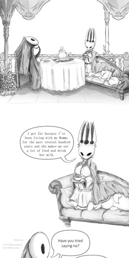 1_eye 3_panel_comic 6_legs 7_horns ambiguous_gender anthro arthropod_abdomen arthropod_abdomen_genitalia arthropod_abdomen_vulva belly belly_overhang belly_squish belt belt_buckle beverage black_body black_eyes black_head bottomless bottomless_taur bottomwear breast_squish breasts broach_(jewelry) buckle button_(fastener) chair clothed clothed_anthro clothed_taur clothing column confusion container cup drinking drinking_tea duo fainting_couch female fence floor furniture genitals grey_clothing grey_robe holding_container holding_cup holding_object holding_tea_cup horn humor lace lounging mask mommy_kink multi_horn nipple_outline on_chair on_pillow overweight overweight_female overweight_taur pillar pillow plant pleated_skirt popped_collar pose robe saucer serving_tray shrub simple_background sitting skirt sofa squish straining_buttons straining_clothing tablecloth tail tail_squish tea tea_cup teapot text thick_tail tile tile_floor vines vulva wearing_mask white_background white_body white_bottomwear white_clothing white_head white_mask white_pillow white_skirt white_sofa dual-screens hollow_knight_(franchise) team_cherry lurien_(hollow_knight) pale_king_(hollow_knight) arthropod arthropod_taur insect insect_taur taur 2026 absurd_res digital_media_(artwork) english_text greyscale hi_res monochrome pinup shaded male_(lore)