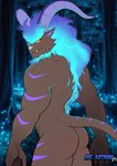 anthro athletic athletic_anthro athletic_male blazehowl blush butt digital_media_(artwork) fingers forest fur hair hi_res horn humanoid_hands looking_at_viewer male mammal mrkatman night nude outside pal_(species) palworld plant pocketpair sharp_teeth smile solo tail teeth tree
