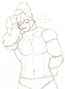 anthro athletic athletic_anthro athletic_male blush dialogue hand_behind_back hand_behind_head male muscular muscular_anthro muscular_male pecs sharp_teeth solo standing stitch_(sewing) teeth text nukde five_nights_at_freddy's five_nights_at_freddy's_4 scottgames patchy_(nukde) plushtrap_(fnaf) lagomorph leporid mammal rabbit 2015 english_text hi_res monochrome sketch