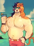 :3 anthro belly beverage blush bodily_fluids bottomwear bracelet clothing cloud eyewear fur hair hand_in_pocket holding_beverage holding_object jewelry long_hair male moobs multicolored_body multicolored_fur multicolored_hair musclegut muscular navel open_mouth open_smile pockets sea shorts sky slightly_chubby smile solo sunglasses sweat tail water wearing_sunglasses scraffyraccoon epic_games fortnite meowscles purradise_meowscles calico_cat domestic_cat felid feline felis mammal hi_res