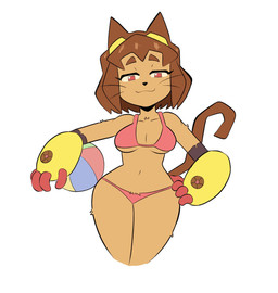 anthro ball beach_ball bikini breasts brown_body brown_hair chest_tuft clothing collarbone eyebrows eyelashes eyewear eyewear_on_head female goggles goggles_on_head hair hand_on_hip inflatable medium_breasts pear-shaped_figure red_bikini red_clothing red_eyes red_swimwear smile solo swimwear thick_thighs tuft two-piece_swimsuit under_boob whiskers wide_hips taterdouce gameoverse glitch_productions kit_bodega domestic_cat felid feline felis mammal 2026 absurd_res hi_res