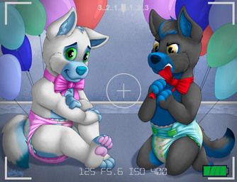 abdl ageplay anthro baby balloon bow_ribbon camera_hud clothed clothing diaper duo infantilism inflatable male posing_for_picture roleplay wearing_diaper young wittleskaj adagio_(sneer) presto_(sneer) canid canine canis domestic_dog husky mammal nordic_sled_dog spitz hi_res