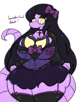 anthro big_breasts bottomwear breasts clothing female garter_straps hair huge_breasts legwear purple_body purple_hair shirt skirt solo thick_thighs thigh_highs topwear lewdchuu nintendo pokemon lavender_(lewdchuu) arbok generation_1_pokemon pokemon_(species) hi_res