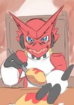 anthro blue_eyes blush cutlery electronics feeding_viewer food headphones kitchen_utensils looking_at_viewer male omelette omelette_rice rice solo spoon tools zunaha bandai_namco digimon digimon_(species) shoutmon hi_res