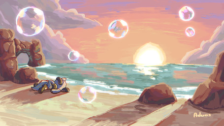 ambiguous_gender anthro beach bubble cloud detailed_background humor lying on_side outside painterly rock sand seaside shadow sky solo sun sunrise water advos family_guy_death_pose nintendo pokemon pokemon_mystery_dungeon spike_chunsoft generation_4_pokemon pokemon_(species) riolu 16:9 2023 hi_res meme signature widescreen