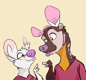 anthro blep brown_body brown_fur duo eye_contact fake_ears fake_nose female fur gesture hand_gesture head_tuft looking_at_another male pointing simple_background tongue tongue_out tuft white_body white_fur animancer coonix luck_(animancer) coati dipodid gulonine jerboa mammal marten mustelid musteline procyonid rodent hi_res sibling_(lore) twins_(lore)