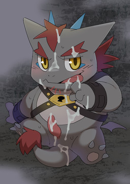 anthro beard biped black_body blush bodily_fluids chibi cum cum_on_face cum_on_hand cum_on_penis facial_hair genital_fluids genitals humanoid_hands male penis slightly_chubby solo tail tongue tongue_out wings konbu anothereidos_of_dragon_vein_r mythology barboros_(anothereidos_r) dragon mythological_creature mythological_scalie scalie 2021