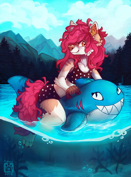 4_toes 5_fingers animal_pool_toy anthro arm_tuft bikini brown_nose bubble cheek_tuft clothed clothing cloud countershading detailed_background elbow_tuft eyebrows facial_tuft feet female fingerless_(marking) fingers flotation_device forest fur hair inflatable inflatable_ride inflatable_support inner_ear_fluff long_hair looking_at_viewer mountain multicolored_body multicolored_fur nature on_pool_toy open_mouth open_smile orange_eyes outside partially_clothed partially_submerged pink_hair pink_tail plant pool_toy side_view sky smile solo straddling submerged_tail swimwear tail tail_in_water tan_body tan_fur teeth toes tree tuft two-piece_swimsuit two_tone_body two_tone_fur water waterline_view white_body white_fur flemaly soy_(kitsoyne) canid canine fox inanimate_object mammal 2016 absurd_res hi_res signature