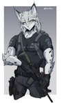 anthro black_clothing clothing grey_body gun male muscular muscular_anthro muscular_male police ranged_weapon rifle solo weapon yellow_eyes endjfcar felid feline lynx mammal hi_res