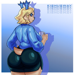 angry anthro big_butt blonde_hair blue_clothing blue_horn blue_jacket blue_nose blue_topwear butt clothing container cup female fur gradient_background hair hand_on_hip holding_container holding_cup holding_object horn huge_butt jacket looking_at_viewer looking_back looking_back_at_viewer scut_tail short_tail simple_background solo standing tail topwear kishusway deltarune undertale_(series) carol_holiday deer mammal