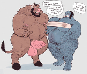 andromorph anthro balls beard belly big_balls big_penis black_beard black_facial_hair black_hair blue_body blue_skin blush bodily_fluids body_hair brown_body brown_fur chest_wraps dialogue dripping duo facial_hair fur genital_fluids genitals hair hairy hooves horn huge_penis intersex leg_hair male moobs muscular muscular_intersex muscular_male navel nipple_outline nipples nude outie_navel penis pink_balls pink_nipples pink_penis precum precum_drip pregnant pregnant_andromorph pregnant_intersex standing thick_thighs tusks vulva wraps juicestandmango mango_(juicestandmango) slug_(juicestandmango) bovid bovine cattle humanoid mammal orc hi_res trans_(lore) trans_man_(lore)