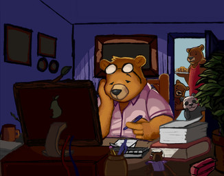 black_nose brown_body brown_fur computer detailed_background electronics eyewear food fur glasses group inside sitting slightly_chubby tired fluffpon bear giant_panda mammal 2021 colored digital_drawing_(artwork) digital_media_(artwork) hi_res