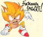 anthro clothing footwear gloves handwear homophobic_slur profanity sharp_teeth shoes slur spiral_eyes teeth text chicowin fleetway_comics sega sonic_the_comic sonic_the_hedgehog_(comics) sonic_the_hedgehog_(series) fleetway_sonic_(character) sonic_the_hedgehog super_sonic eulipotyphlan hedgehog mammal english_text hi_res lol_comments reaction_image