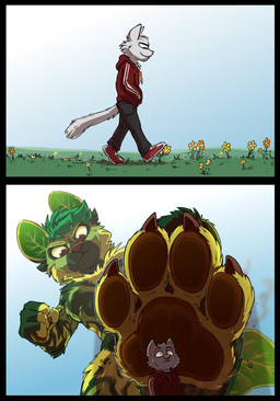 anthro brown_pawpads dirty dirty_feet duo feet imminent_crush macro micro pawpads paws soles tail tirrel comic hi_res