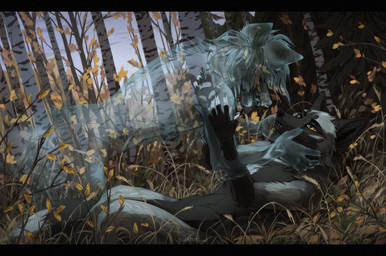 anthro black_body black_fur black_nose day detailed_background duo forest fur grass male nude outside plant tree suzamuri canid canine fox ghost mammal red_fox silver_fox spirit true_fox 2020 digital_media_(artwork) hi_res
