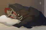 bed bedroom bodypaint cuddling duo face_paint furniture inside lying male male/male nude on_bed on_front pillow scar sleeping creepy_gun bioware electronic_arts mass_effect cain_(creepy_gun) alien turian