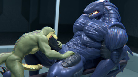 anthro big_muscles big_penis biped black_penis blue_body bound cheek_bulge deep_throat duo erection fellatio foreskin genitals glans green_body green_scales half-closed_eyes hand_on_leg hand_on_penis hand_on_thigh humanoid_genitalia humanoid_penis hunched_over inside knot laboratory male male/male multicolored_body muscular muscular_male narrowed_eyes nude oral oral_penetration penetration penile penis pink_glans reverse_forced_fellatio scales sex side_view sitting size_difference spiked_penis spikes spikes_(anatomy) spread_legs spreading standing teeth two_tone_body unusual_anatomy unusual_genitalia unusual_penis vein veiny_penis yellow_body yellow_penis yellow_scales snekkuu alien_(franchise) kahliss karkhar alien aquatic fish hybrid reptile scalie shark snake xenomorph 16:9 2026 3d_(artwork) digital_media_(artwork) hi_res widescreen