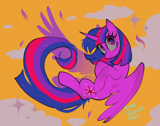 cloud feathers female feral flying hair horn long_hair looking_at_viewer sky smile smiling_at_viewer solo sparkles wings yellow_sky petaltwinkle friendship_is_magic hasbro my_little_pony mythology twilight_sparkle_(mlp) equid equine mammal mythological_creature mythological_equine winged_unicorn hi_res
