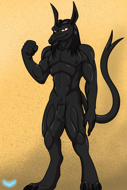 5_fingers abs anthro balls biceps black_body black_fur claws egyptian feet fingers fist forked_tail fur genitals hair humanoid_genitalia humanoid_penis long_hair looking_at_viewer male muscular muscular_anthro muscular_male nipples nude nude_anthro nude_male pecs penis pubes simple_background sinister_smile smile solo standing tail unusual_anatomy unusual_tail watchit egyptian_mythology middle_eastern_mythology mythology set_(deity) canid canine canis deity humanoid mammal set_(species) 2:3 absurd_res digital_media_(artwork) hi_res