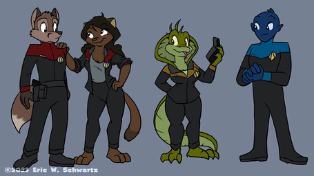 3_toes 4_fingers anthro barefoot blue_body blue_skin bottomwear breasts brown_body brown_fur brown_hair claws clothed clothing dipstick_tail eye_contact facial_markings feet female fingers footwear fur green_body green_scales grey_background group hair hand_on_another's_shoulder hand_on_hip hand_on_shoulder hands_together head_markings holding_object holster jacket long_hair looking_at_another male markings medium_breasts open_clothing open_jacket open_topwear pants phaser plantigrade rolled_up_sleeves scales sheathed_weapon shoes short_hair simple_background smile smiling_at_another standing starfleet_insignia starfleet_uniform tail tail_markings text toe_claws toes tongue tongue_out topwear uniform eric_schwartz star_trek unnamed_character alien alien_humanoid canid felid humanoid mammal scalie 2023 artist_name digital_drawing_(artwork) digital_media_(artwork) hi_res