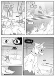 absurd_res anthro burning canid canine clothed clothing comic dialogue ear_piercing english_text fire fox hi_res inner_ear_fluff inside kif_yppreah kifyun2 magic male mammal monochrome piercing simple_background solo speech_bubble text tuft warehouse