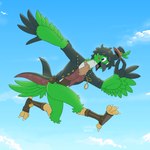 3_toes 4_fingers 4_toes action_pose anisodactyl anthro beak belt black_body black_clothing black_feathers black_hair black_jacket black_topwear blue_eyes blue_sky brown_belt brown_clothing brown_footwear cheek_tuft clock clothing countershade_torso countershading curly_hair digitigrade facial_tuft feather_hands feathers feet fingers footwear furgonomic_footwear furgonomics green_body green_feathers grey_beak hair hat headgear headwear holding_clothing holding_hat holding_headgear holding_headwear holding_object jacket kerchief knee_tuft leg_tuft logo looking_at_viewer male midair neckerchief neckwear open_beak open_mouth pocketwatch pose red_body red_clothing red_feathers red_topwear red_vest scuted_legs scutes sky sky_background solo tail tail_feathers tan_kerchief tan_neckerchief toes topwear tuft vest watch white_body white_clouds white_feathers winged_arms wings yellow_scutes sammfeatblueheart nintendo the_legend_of_zelda avian rito 1:1 2025 artist_logo cel_shading hi_res shaded signature