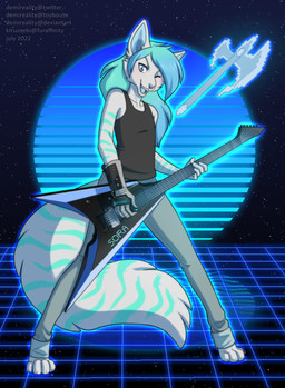 4_toes 5_fingers abstract_background anthro big_tail black_clothing black_topwear blue_body blue_eyebrows blue_eyes blue_fur blue_hair blue_nose blue_tongue bottomwear cheek_tuft clothing electric_guitar eyebrows facial_tuft feet femboy fingers front_view fur glistening glistening_eyes grey_bottomwear grey_clothing guitar hair holding_guitar holding_musical_instrument holding_object long_hair looking_at_viewer male markings musical_instrument one_eye_closed open_mouth open_smile plucked_string_instrument smile solo star string_instrument striped_arms striped_markings striped_tail stripes tail tail_markings text toes tongue topwear tuft white_body white_fur demireality canid canine fennec_fox fox mammal true_fox 2022 artist_name dated hi_res