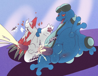 anal anal_penetration anus backsack balls bodily_fluids claws cum cum_cannon cumshot duo ejaculation erection excessive_cum excessive_genital_fluids genital_fluids genitals hands-free heart_symbol male male/male penetration penis size_difference stretched_anus tight_fit tongue tongue_out argon_vile nintendo pokemon generation_3_pokemon generation_5_pokemon pokemon_(species) seismitoad zangoose hi_res