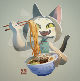 anthro bowl clothed clothing container ears_up egg female food hair noodles open_mouth pink_inner_ear simple_background solo steam tail teeth_showing tongue tongue_out yellow_eyes fu_go_fu_go felid feline felis mammal hi_res