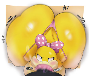 accessory anthro anthro_penetrated big_butt black_body blue_eyes blush bow_ribbon butt clothed clothed_anthro clothed_female clothing duo fellatio female female_anthro female_penetrated first_person_view genitals hair_accessory hair_bow hair_ribbon huge_butt huge_lips lips looking_at_viewer male male/female male_penetrating male_penetrating_female male_pov onomatopoeia oral oral_penetration penetration penile penile_penetration penis penis_in_mouth ribbons sex sound_effects text thick_lips thong underwear yellow_body crowundeadcat mario_bros nintendo anon koopaling wendy_o._koopa dragon_koopa koopa scalie 2025 digital_media_(artwork) english_text hi_res