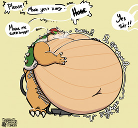 air_inflation anthro belly belly_inflation big_belly dialogue hair horn hose hose_inflation huge_belly inflation male offscreen_character red_hair rumbling_stomach solo text baelnesh mario_bros nintendo bowser koopa reptile scalie turtle english_text hi_res