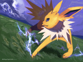 ambiguous_gender cloud electricity feral fur grass paws plant purple_eyes solo yellow_body yellow_fur kfkgot7ig2r5265 nintendo pokemon eeveelution generation_1_pokemon jolteon pokemon_(species) 2025 4:3 hi_res signature