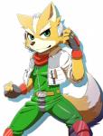 2017 5_fingers anthro armor belt brown_nose canid canine cel_shading clothed clothing dipstick_tail electronics fingerless_gloves fingers fist fox fox_mccloud front_view fur garakutea gloves greaves green_eyes hair handwear headgear headphones headset hi_res inner_ear_fluff jacket jumpsuit kemono looking_at_viewer male mammal markings mohawk multicolored_body multicolored_fur multicolored_tail nintendo orange_body orange_fur portrait rolled_up_sleeves shaded short_hair simple_background solo standing star_fox tail tail_markings three-quarter_portrait topwear tuft white_background