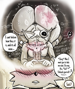 anthro big_butt big_penis blush bulge butt clothing daydream duo femboy genitals gloves hands_behind_back handwear huge_butt humanoid_genitalia humanoid_penis male male/male multi_tail nervous nervous_smile offscreen_character oral penis spank_marks speech_bubble tail text thick_thighs wide_hips kojoarts sega sonic_the_hedgehog_(series) miles_prower sonic_the_hedgehog canid canine eulipotyphlan fox hedgehog mammal absurd_res english_text hi_res monochrome