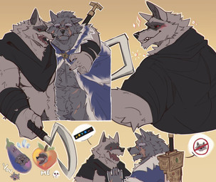 abdominal_scar anthro arm_around_shoulders arm_wraps black_cloak black_clothing black_sclera blue_cape blue_clothing blush body_hair cape cheek_scar chin_scar claws cloak cloak_only clothing duo ears_down eggplant emoji eyebrow_scar eyebrows facial_markings facial_scar fangs finger_claws food fruit fur gesture grey_body grey_fur hand_gesture hand_scar hands_up happy_trail head_markings holding_melee_weapon holding_object holding_sickle holding_weapon longsword male male/male markings mask_(marking) melee_weapon open_mouth peach_(fruit) pivoted_ears plant polearm pubes scar sickle smile snout snout_scar sword sword_on_back teeth thumbs_up tongue weapon weapon_on_back white_body white_fur wraps frostqq dreamworks elden_ring fromsoftware puss_in_boots_(franchise) blaidd_(elden_ring) death_(puss_in_boots) canid canine canis mammal wolf 2025 colored hi_res
